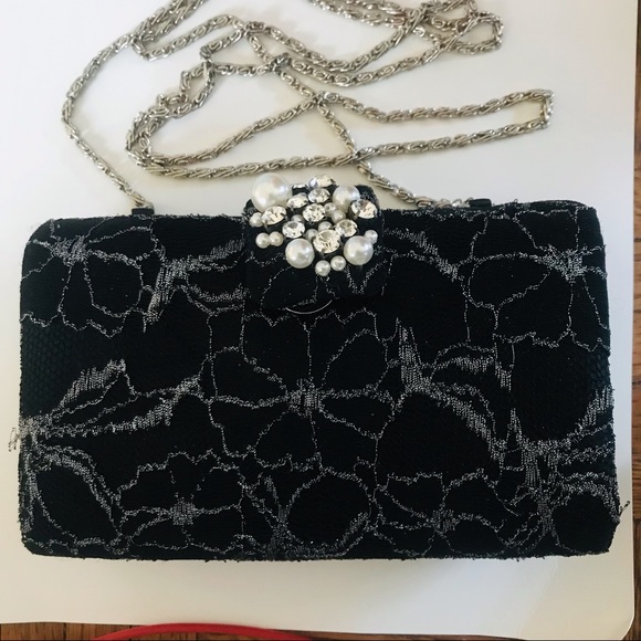 Lord & Taylor Evening bag Elegant Black with Silver Marbling and Silver Chain - Picture 1 of 6